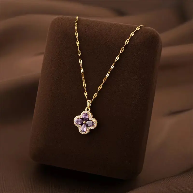 Fashion Romantic Purple Sakura Pendant Stainless Steel Necklaces Women Korean Fashion Female Sexy Clavicle Chain Jewelry Gift