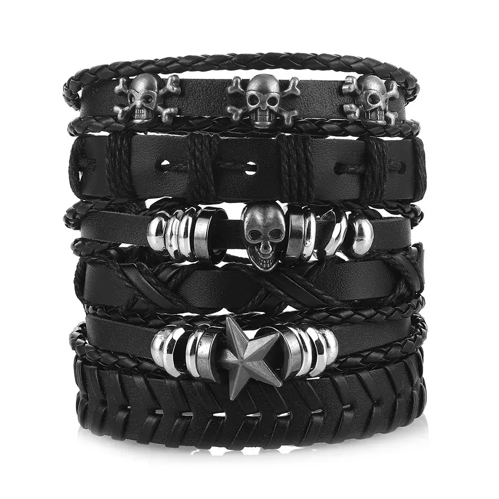 High Quality Fashion Retro Bracelet Multilayer Men Hand Bracelets Woven Skull Hand Jewelry Adjustable Leather Set Man Bracelet