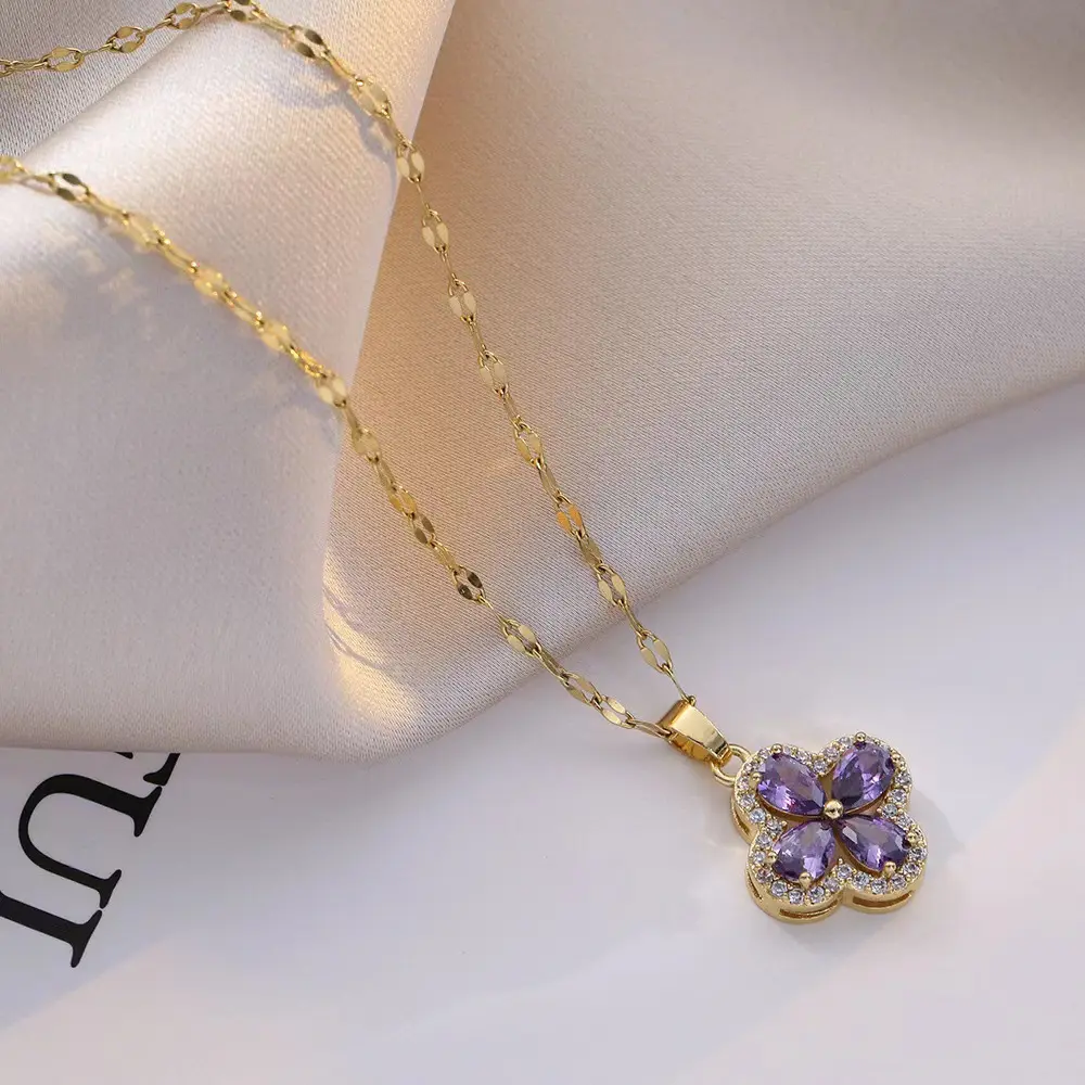 Fashion Romantic Purple Sakura Pendant Stainless Steel Necklaces Women Korean Fashion Female Sexy Clavicle Chain Jewelry Gift