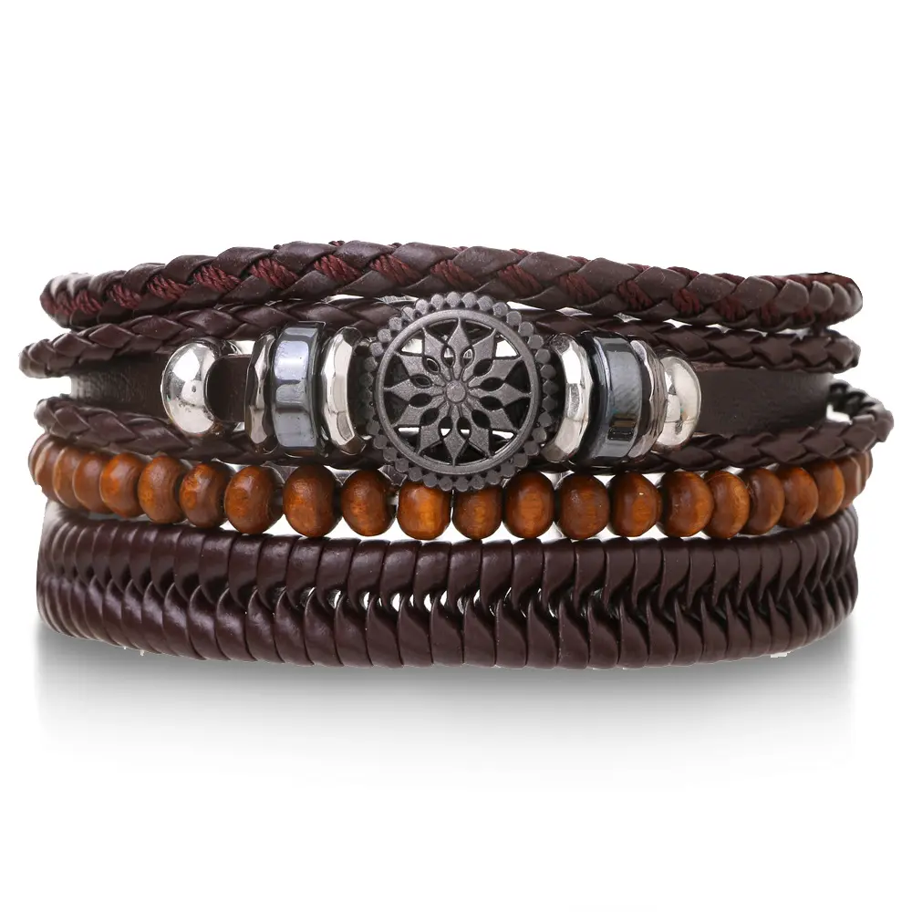 High Quality Fashion Retro Bracelet Multilayer Men Hand Bracelets Woven Skull Hand Jewelry Adjustable Leather Set Man Bracelet