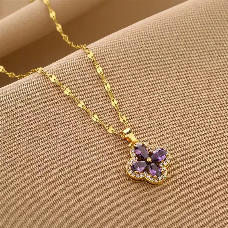 Fashion Romantic Purple Sakura Pendant Stainless Steel Necklaces Women Korean Fashion Female Sexy Clavicle Chain Jewelry Gift