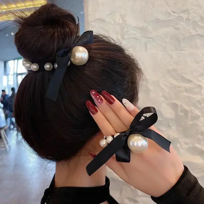 Fashion Woman Big Pearl Black Rubber Band Tie Head Rope Elegant Hairband Scrunchies Girl Ponytail Hair Ties New Headwear