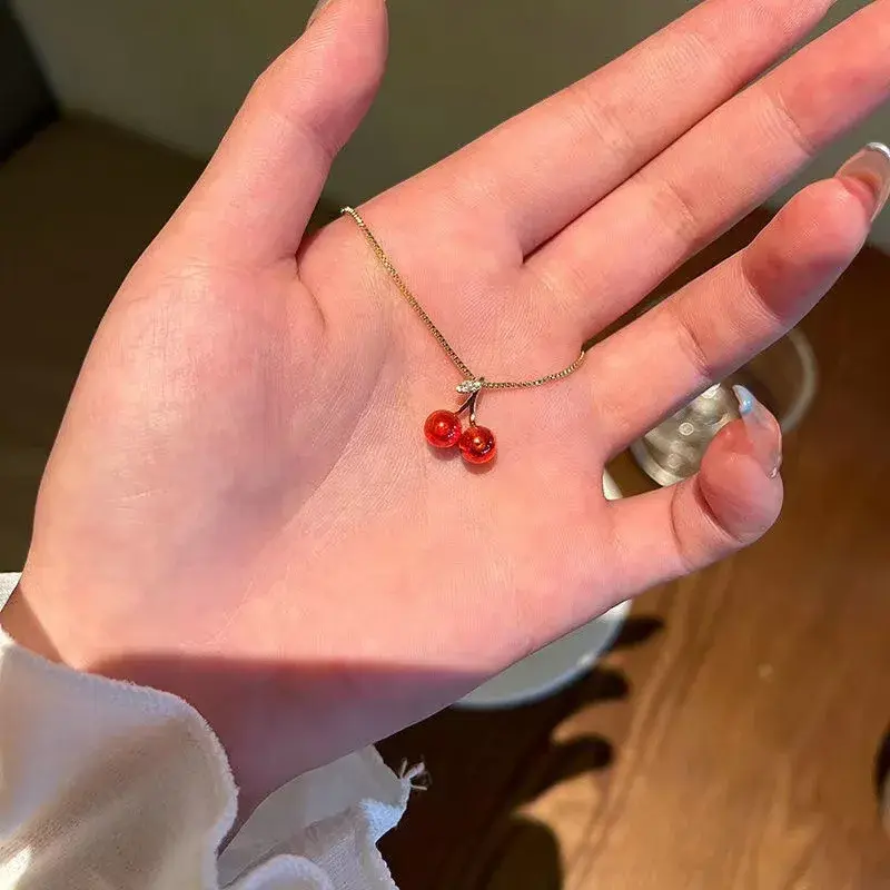 New Wine Red Cherry Gold Color Pendant Necklace for Women Personality Fashion Necklace Earring Wedding Jewelry Birthday Gifts