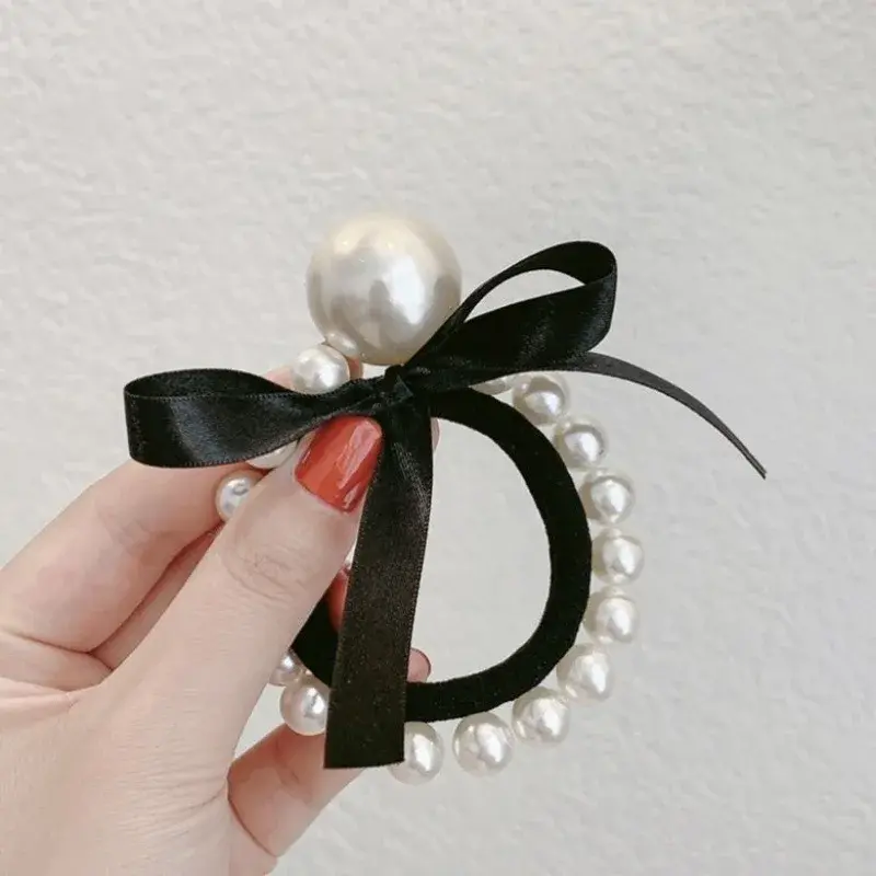 Fashion Woman Big Pearl Black Rubber Band Tie Head Rope Elegant Hairband Scrunchies Girl Ponytail Hair Ties New Headwear