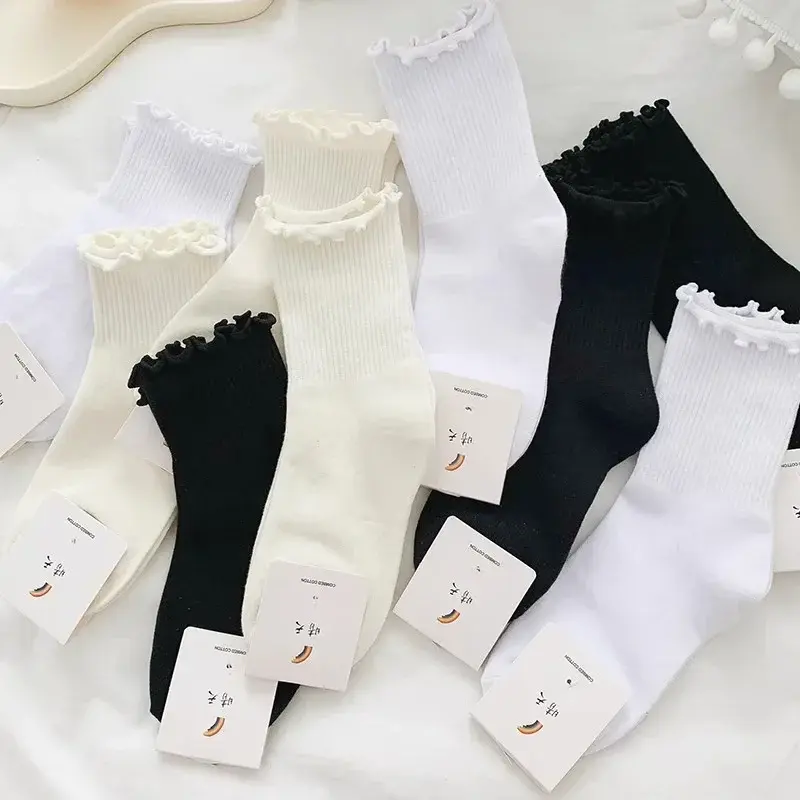 1 Pair Cotton Ruffles Ankle Socks Women Lolita Cute Kawaii Korean Stocking Girl Spring Black White Middle Tube Japanese Sox