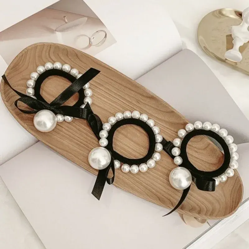 Fashion Woman Big Pearl Black Rubber Band Tie Head Rope Elegant Hairband Scrunchies Girl Ponytail Hair Ties New Headwear