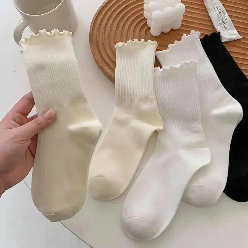 1 Pair Cotton Ruffles Ankle Socks Women Lolita Cute Kawaii Korean Stocking Girl Spring Black White Middle Tube Japanese Sox