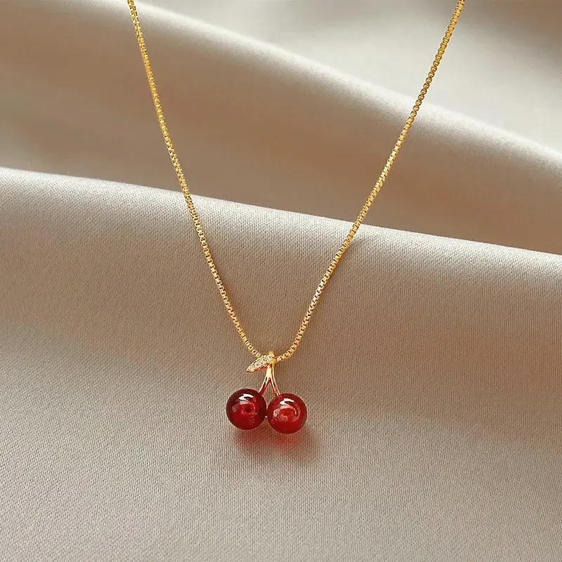 New Wine Red Cherry Gold Color Pendant Necklace for Women Personality Fashion Necklace Earring Wedding Jewelry Birthday Gifts