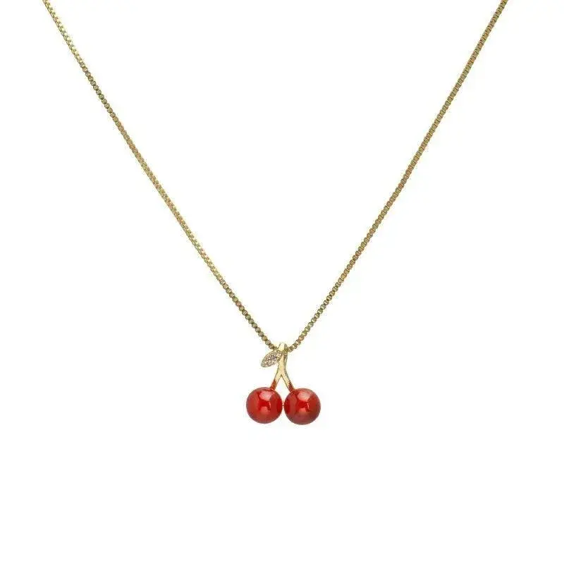 New Wine Red Cherry Gold Color Pendant Necklace for Women Personality Fashion Necklace Earring Wedding Jewelry Birthday Gifts