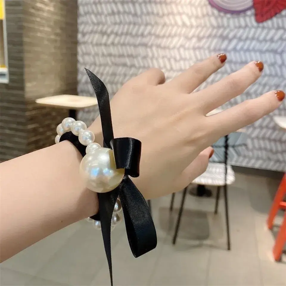 Fashion Woman Big Pearl Black Rubber Band Tie Head Rope Elegant Hairband Scrunchies Girl Ponytail Hair Ties New Headwear