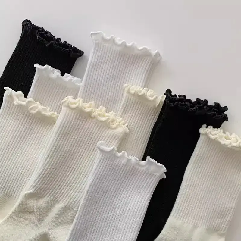 1 Pair Cotton Ruffles Ankle Socks Women Lolita Cute Kawaii Korean Stocking Girl Spring Black White Middle Tube Japanese Sox
