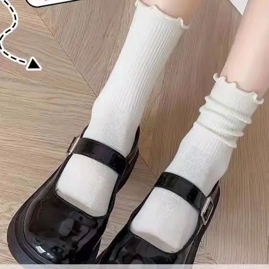 1 Pair Cotton Ruffles Ankle Socks Women Lolita Cute Kawaii Korean Stocking Girl Spring Black White Middle Tube Japanese Sox
