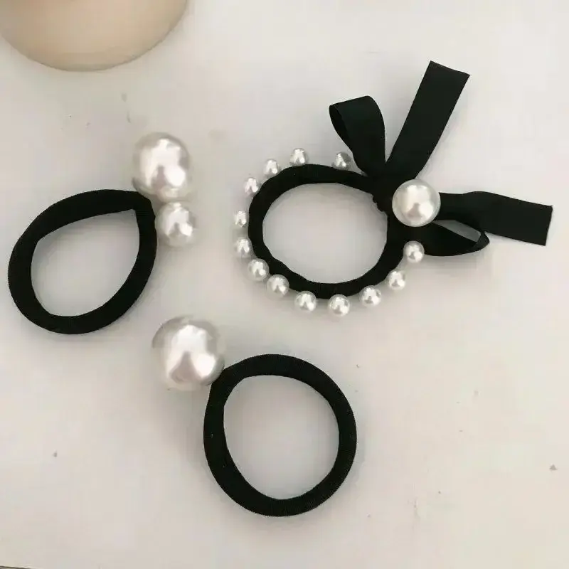 Fashion Woman Big Pearl Black Rubber Band Tie Head Rope Elegant Hairband Scrunchies Girl Ponytail Hair Ties New Headwear