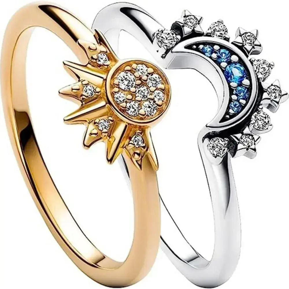2pcs/set Sparkling Ring Riyue Suitable Ring for Women To Wear Fashion Female Sun Moon Star Simple Two-piece Ring Set