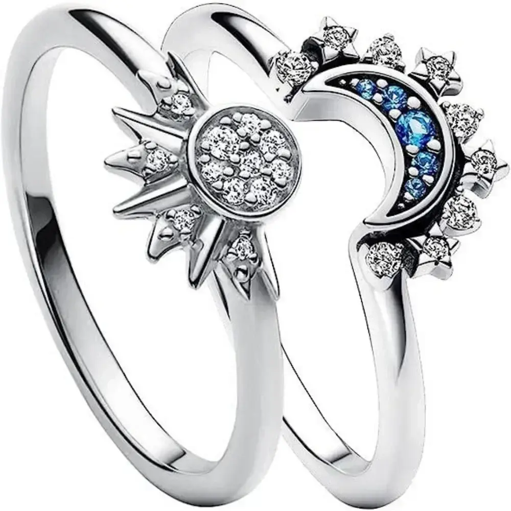 2pcs/set Sparkling Ring Riyue Suitable Ring for Women To Wear Fashion Female Sun Moon Star Simple Two-piece Ring Set