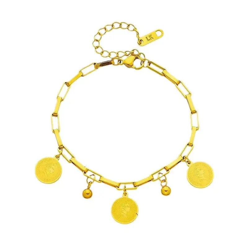 Queen Coin Letter 18K Gold-plated Stainless Steel Bracelet for Women Small Bell Pendant Adjustable Bracelet Classic Jewelry Gift