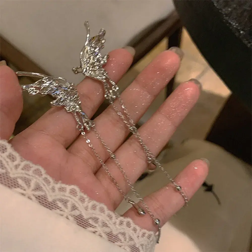 New Kpop Silver Color Earrings Fairy Angel Wings Butterfly Long Tassel Clip Earrings for Women Teens Cool Ear Cuff Party Jewelry