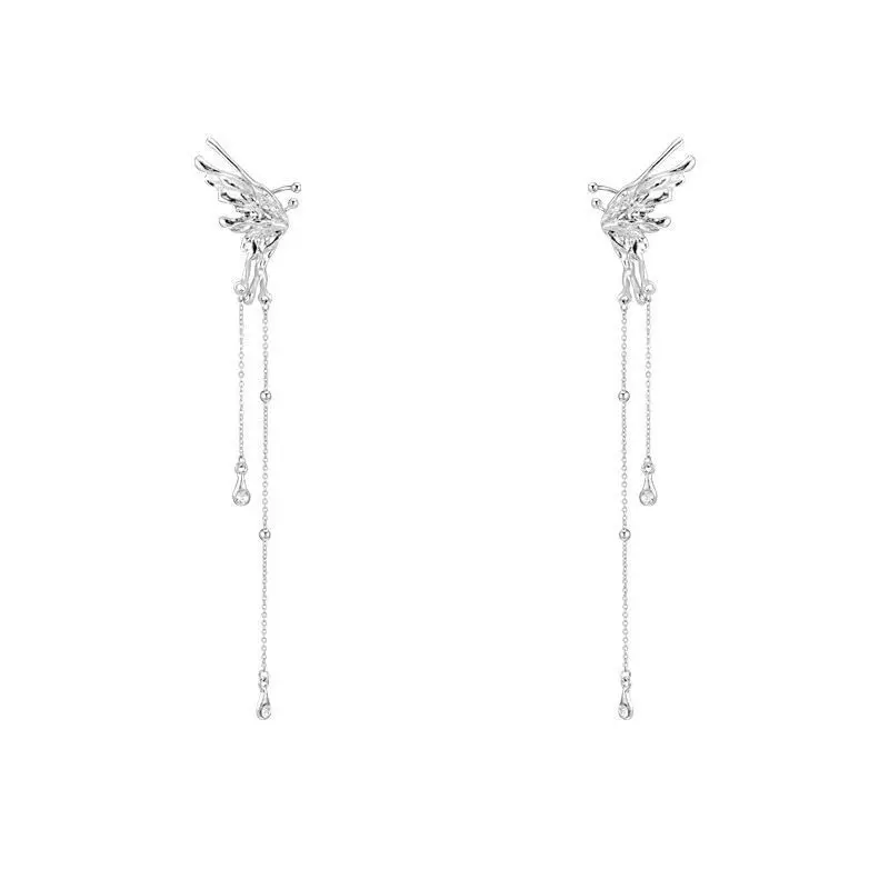 New Kpop Silver Color Earrings Fairy Angel Wings Butterfly Long Tassel Clip Earrings for Women Teens Cool Ear Cuff Party Jewelry