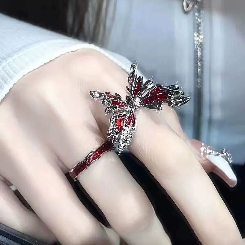 Gothic Punk Y2K Red Flame Ring Vintage Aesthetic Geometric Irregular Metal Gear Opening Rings for Women Men Jewelry Accessories