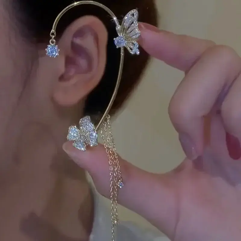 Shiny Zircon Butterfly Ear Cuff Gold Color Tassel Clip on Earrings for Women Korea Style Copper Earring Without Piercing Jewelry
