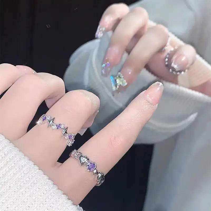 New Fashion Shiny Purple Rhinestone Opening Couple Rings for Women Men Vintage Crystal Star Adjustable Ring Lover Y2K Jewelry