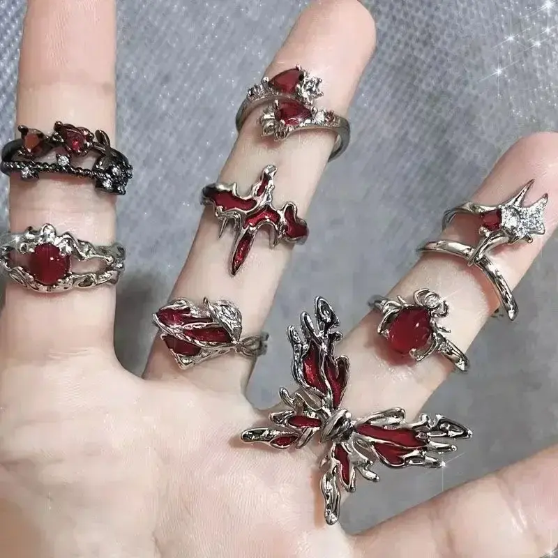 Gothic Punk Y2K Red Flame Ring Vintage Aesthetic Geometric Irregular Metal Gear Opening Rings for Women Men Jewelry Accessories