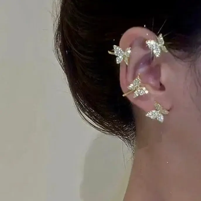 Shiny Zircon Butterfly Ear Cuff Gold Color Tassel Clip on Earrings for Women Korea Style Copper Earring Without Piercing Jewelry