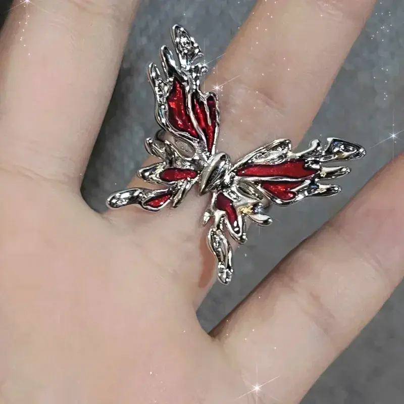 Gothic Punk Y2K Red Flame Ring Vintage Aesthetic Geometric Irregular Metal Gear Opening Rings for Women Men Jewelry Accessories