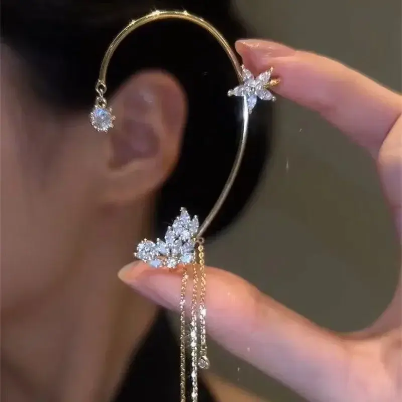 Shiny Zircon Butterfly Ear Cuff Gold Color Tassel Clip on Earrings for Women Korea Style Copper Earring Without Piercing Jewelry