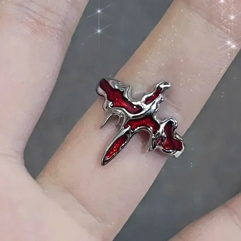 Gothic Punk Y2K Red Flame Ring Vintage Aesthetic Geometric Irregular Metal Gear Opening Rings for Women Men Jewelry Accessories
