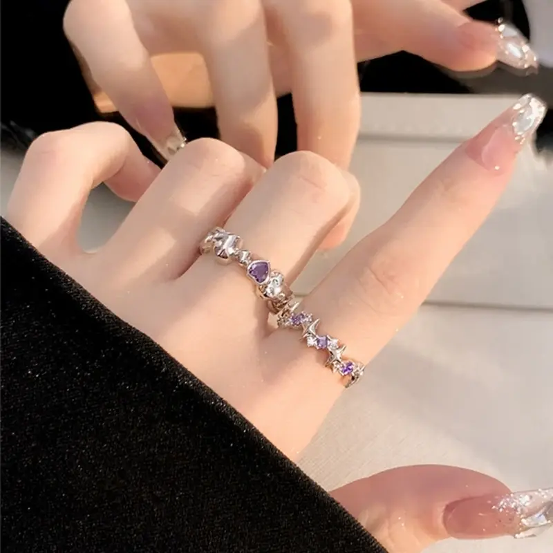 New Fashion Shiny Purple Rhinestone Opening Couple Rings for Women Men Vintage Crystal Star Adjustable Ring Lover Y2K Jewelry
