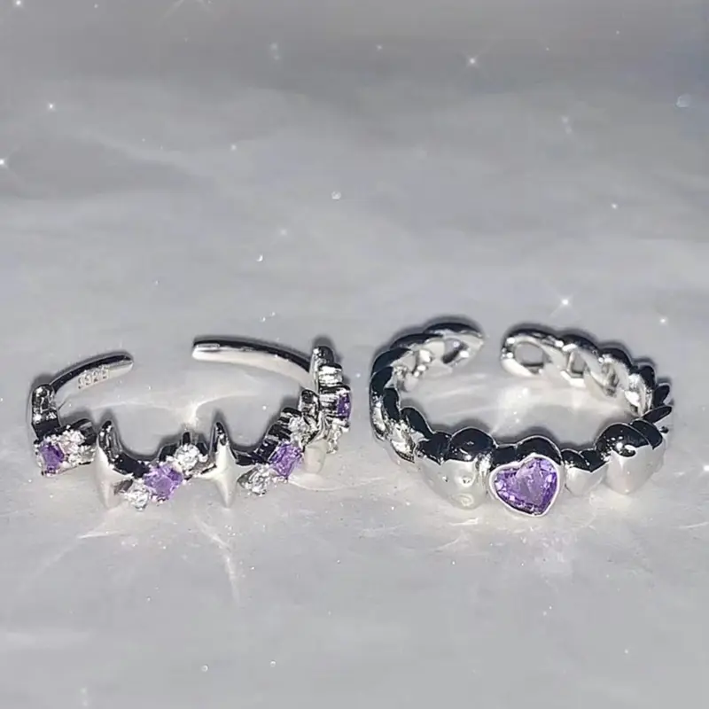 New Fashion Shiny Purple Rhinestone Opening Couple Rings for Women Men Vintage Crystal Star Adjustable Ring Lover Y2K Jewelry
