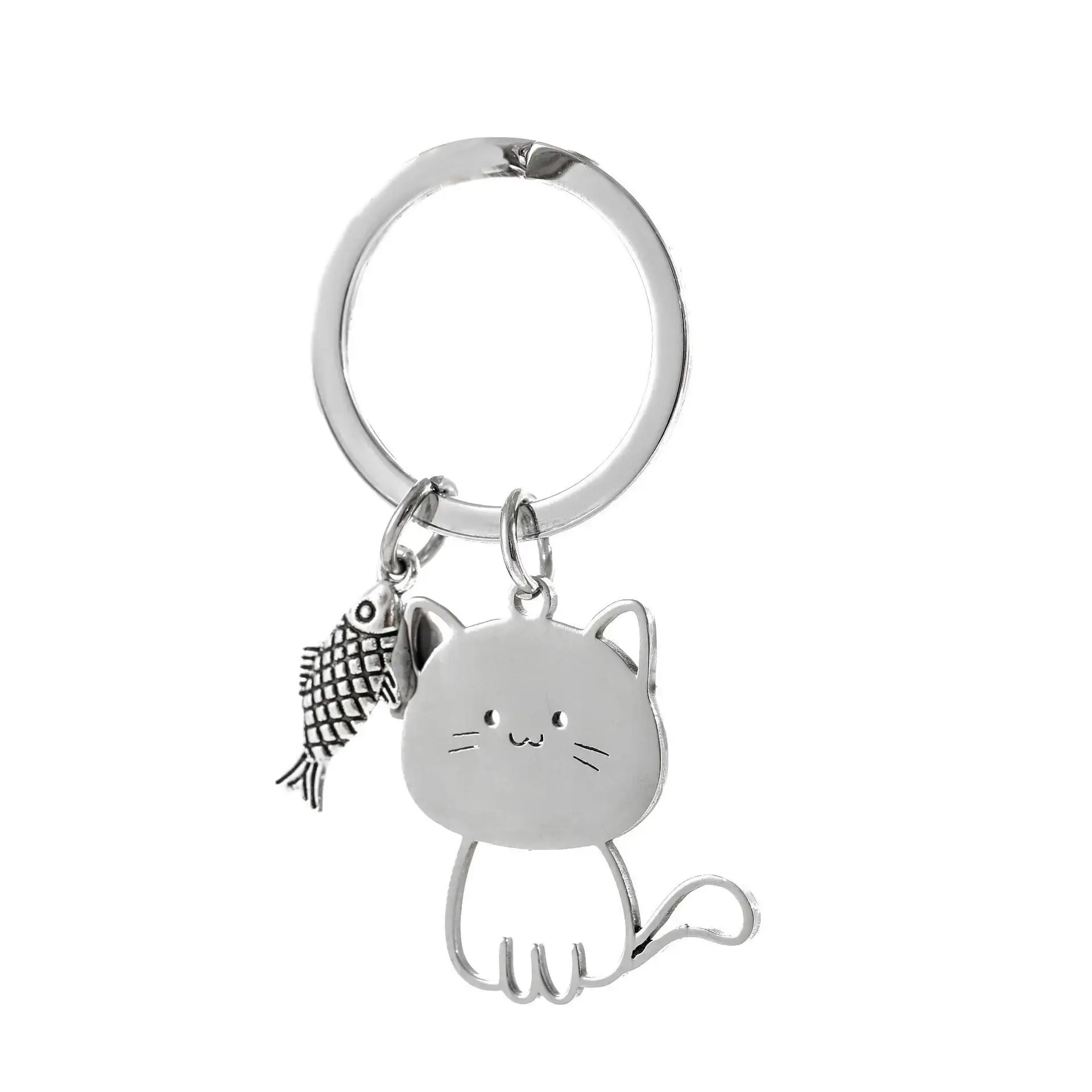 Stainless Steel Cartoon Funny Cat and Fish Key chains Unisex Student Bag Car Key Ring Pendent Couple New Trinket Gift Keyring