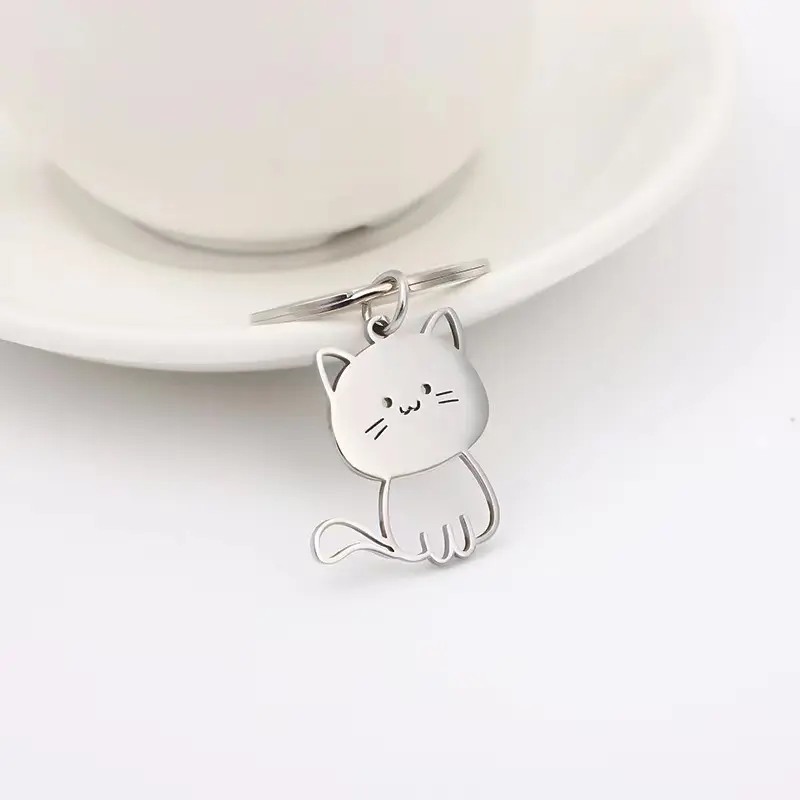 Stainless Steel Cartoon Funny Cat and Fish Key chains Unisex Student Bag Car Key Ring Pendent Couple New Trinket Gift Keyring