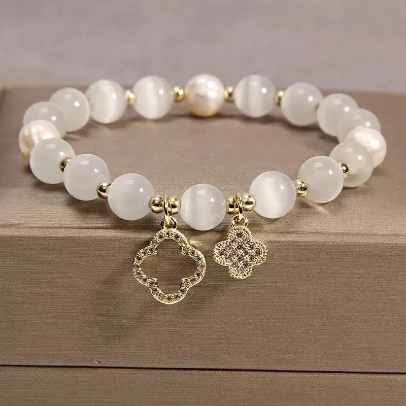 New Opal Bracelet Women's Lucky Four-Leaf Flower Crystal Bracelet Elastic Rope Pearl Clover Bead Hand Chain Jewelry Bangles Gift