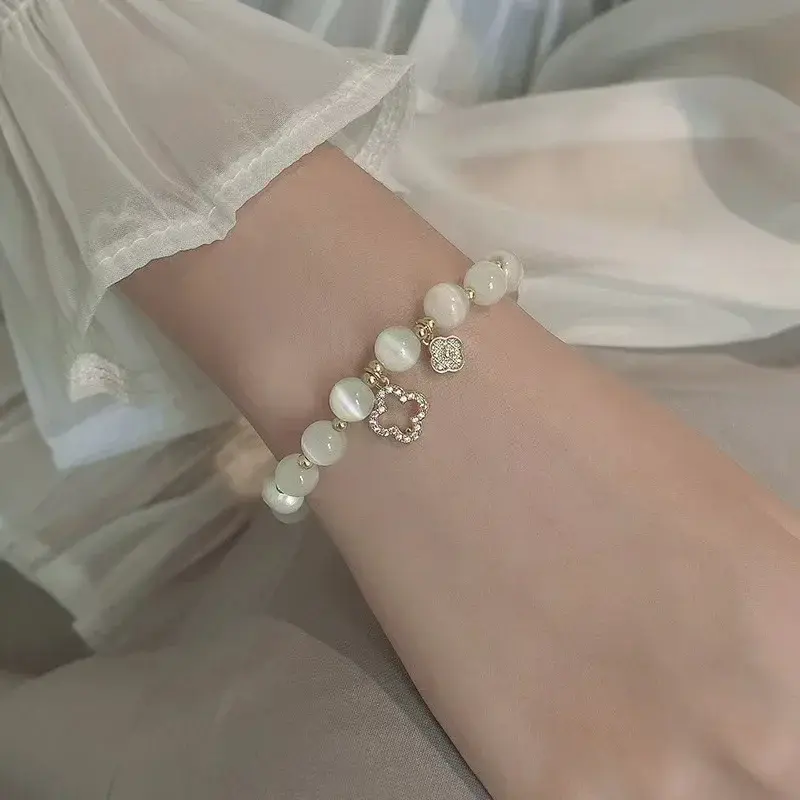 New Opal Bracelet Women's Lucky Four-Leaf Flower Crystal Bracelet Elastic Rope Pearl Clover Bead Hand Chain Jewelry Bangles Gift