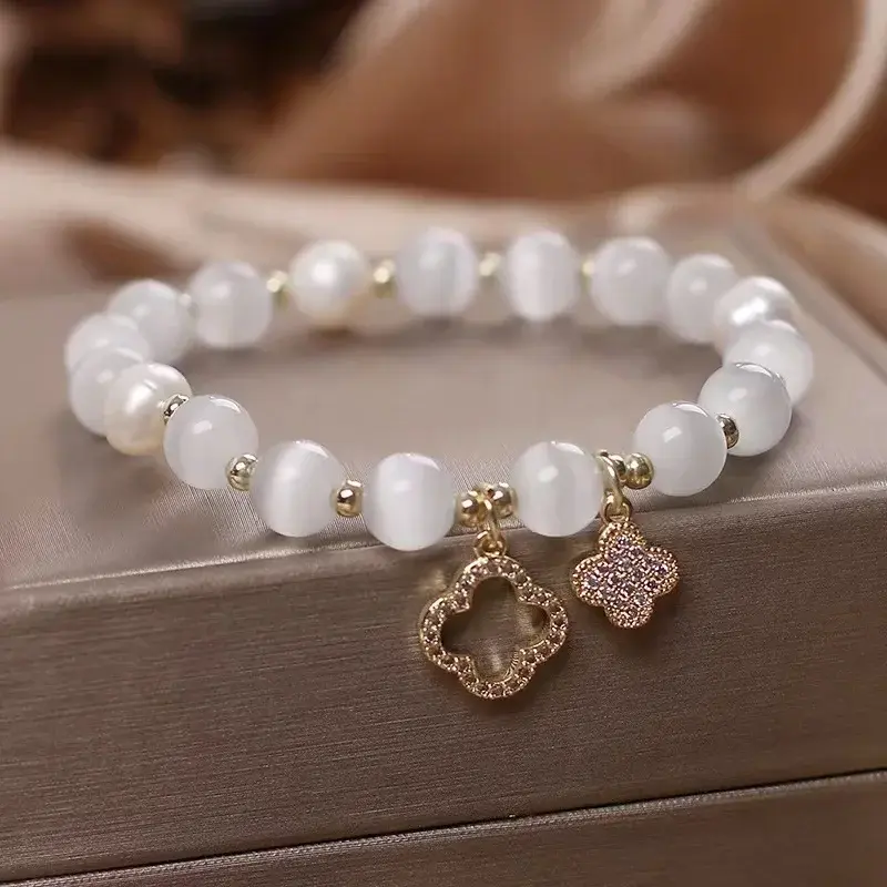 New Opal Bracelet Women's Lucky Four-Leaf Flower Crystal Bracelet Elastic Rope Pearl Clover Bead Hand Chain Jewelry Bangles Gift