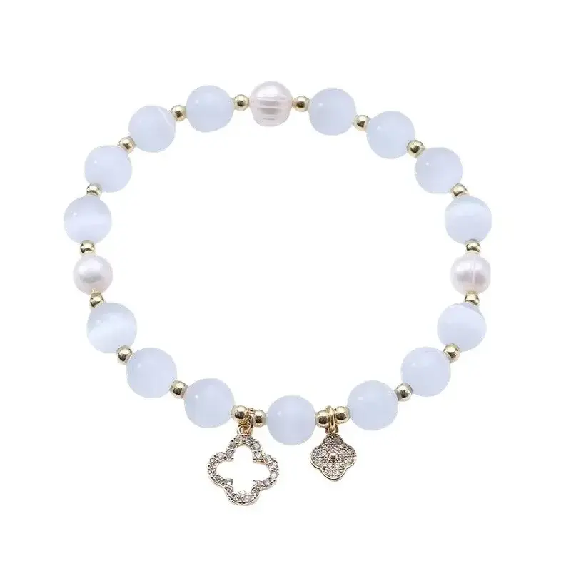 New Opal Bracelet Women's Lucky Four-Leaf Flower Crystal Bracelet Elastic Rope Pearl Clover Bead Hand Chain Jewelry Bangles Gift