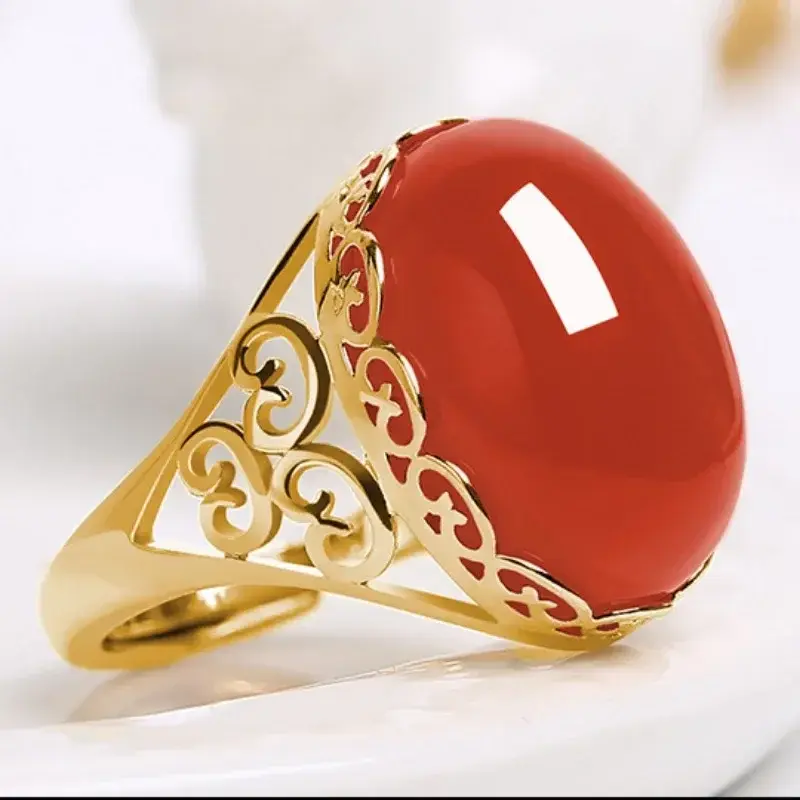 Unisex Rings Ethnic Style Imitation Green Chalcedony Rings for Women Temperament Imitation Agate Red Color Opening Ring Anillo