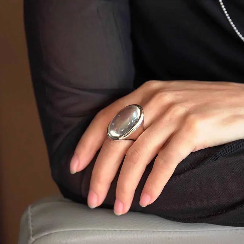 French Retro Silver Ellipse Fashion Crystal Adjustable Rings Women Exaggerated Elegant Vintage Luxury Engagement Jewelry Gifts