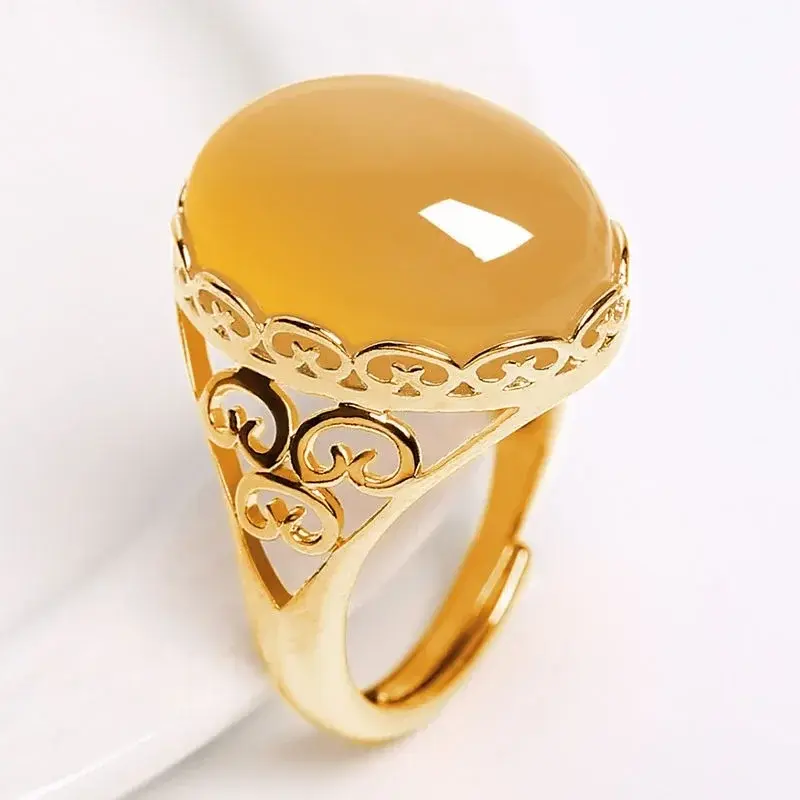 Unisex Rings Ethnic Style Imitation Green Chalcedony Rings for Women Temperament Imitation Agate Red Color Opening Ring Anillo