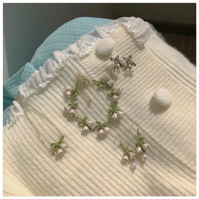 Sweet Lily of The Valley Set Bracelet Earrings Necklace Set Super Fairy Stud Earrings Girls Clavicle Chain Flower Jewelr Gifts