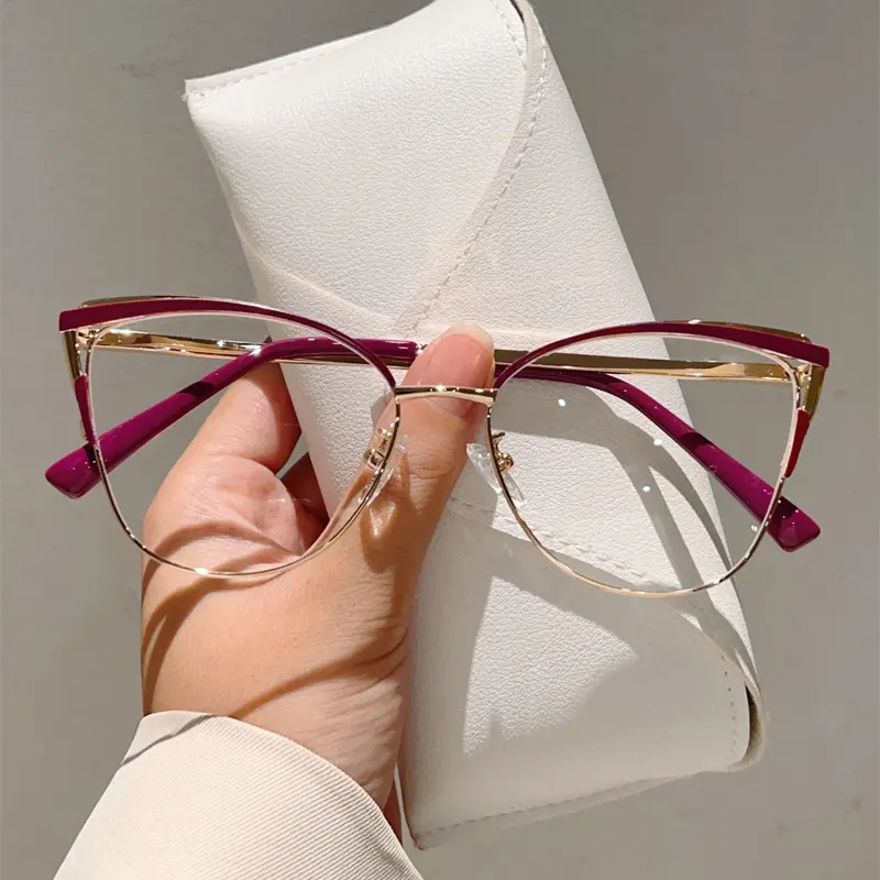 New High Quality Fashion Cat Eye Hollow Out Eyewear Women New Metal Coloured Eyebrow Frame Anti Blue Light Office Glasses