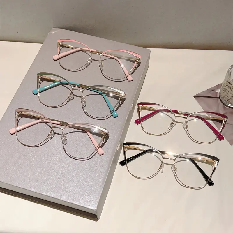 New High Quality Fashion Cat Eye Hollow Out Eyewear Women New Metal Coloured Eyebrow Frame Anti Blue Light Office Glasses