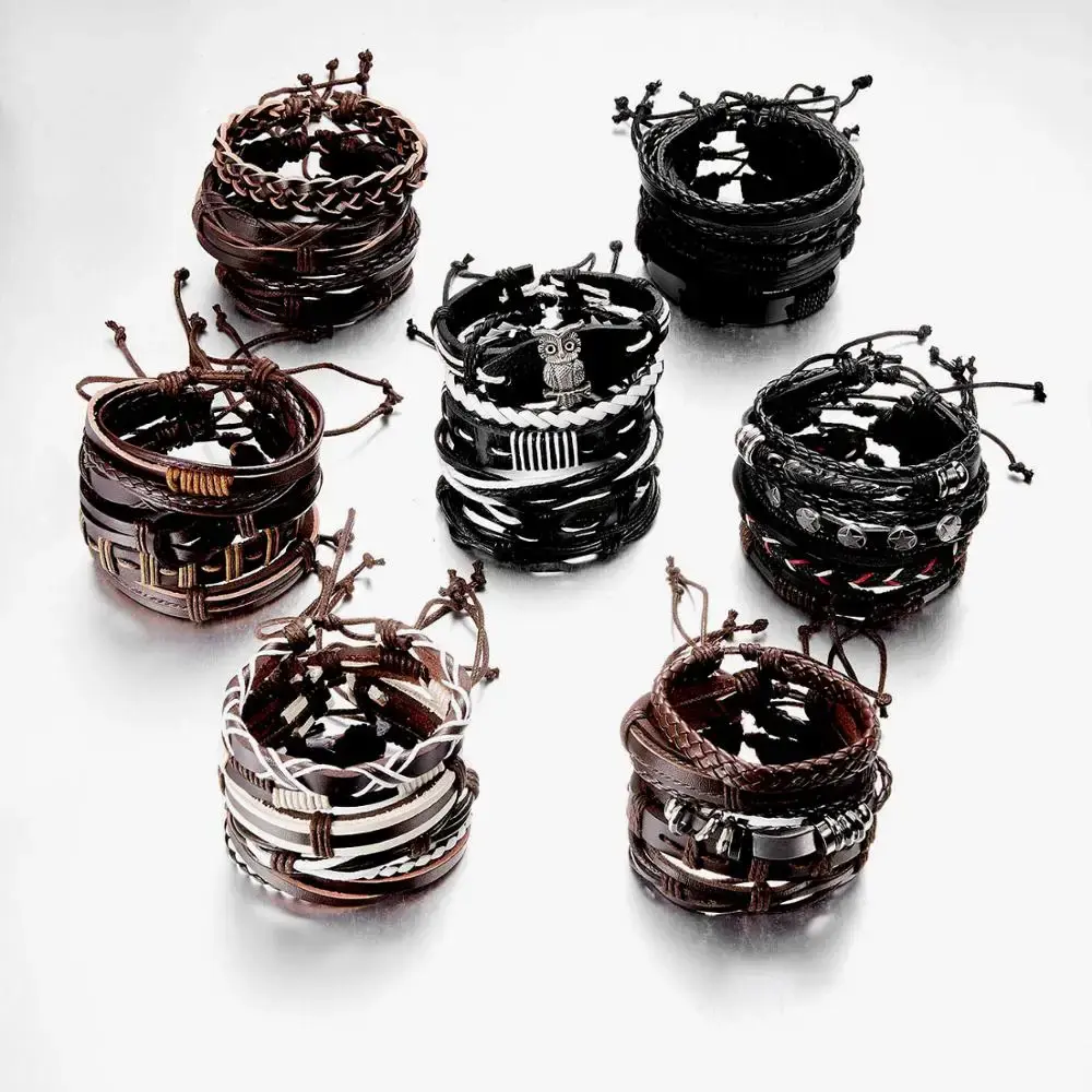 Men Vintage Multilayer Leather Braid Bracelets Bangles Star Leaf Eight Diagrams Handmade Rope Wrap Bracelets Male Gift Jewlery