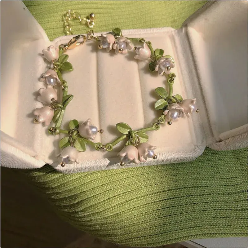 Sweet Lily of The Valley Set Bracelet Earrings Necklace Set Super Fairy Stud Earrings Girls Clavicle Chain Flower Jewelr Gifts