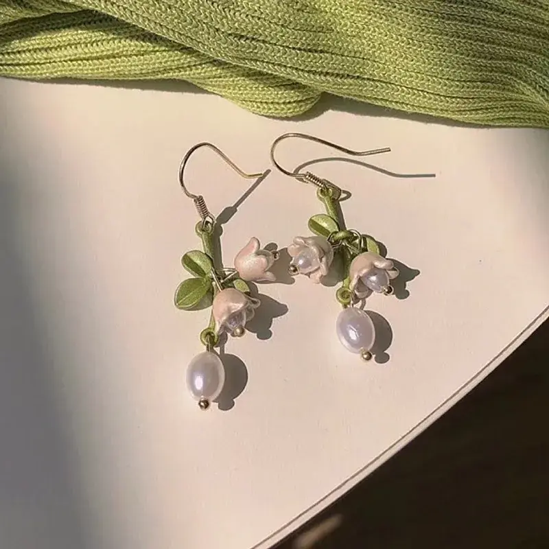 Sweet Lily of The Valley Set Bracelet Earrings Necklace Set Super Fairy Stud Earrings Girls Clavicle Chain Flower Jewelr Gifts