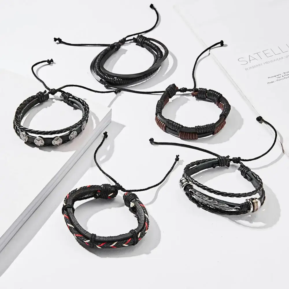 Men Vintage Multilayer Leather Braid Bracelets Bangles Star Leaf Eight Diagrams Handmade Rope Wrap Bracelets Male Gift Jewlery