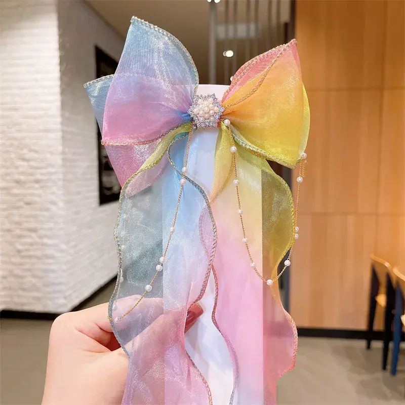 1PCS Rainbow Hair Clip Chiffon Bow Ribbon Girls Hairpins Cute Colorful Bows Flowers Children Hair Clips Fashion Hair Accessories