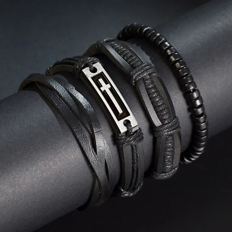 Men Vintage Multilayer Leather Braid Bracelets Bangles Star Leaf Eight Diagrams Handmade Rope Wrap Bracelets Male Gift Jewlery